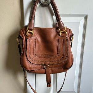 Chloe Medium Marcie Leather Double Carry Satchel in Tan